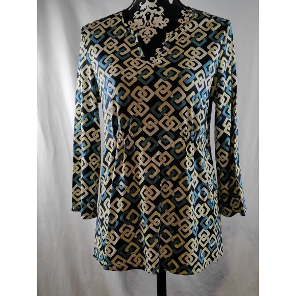 Ann Taylor Womens V-Neck Long Sleeve Top Blouse Geometric‎ Print Size Medium - Picture 1 of 12